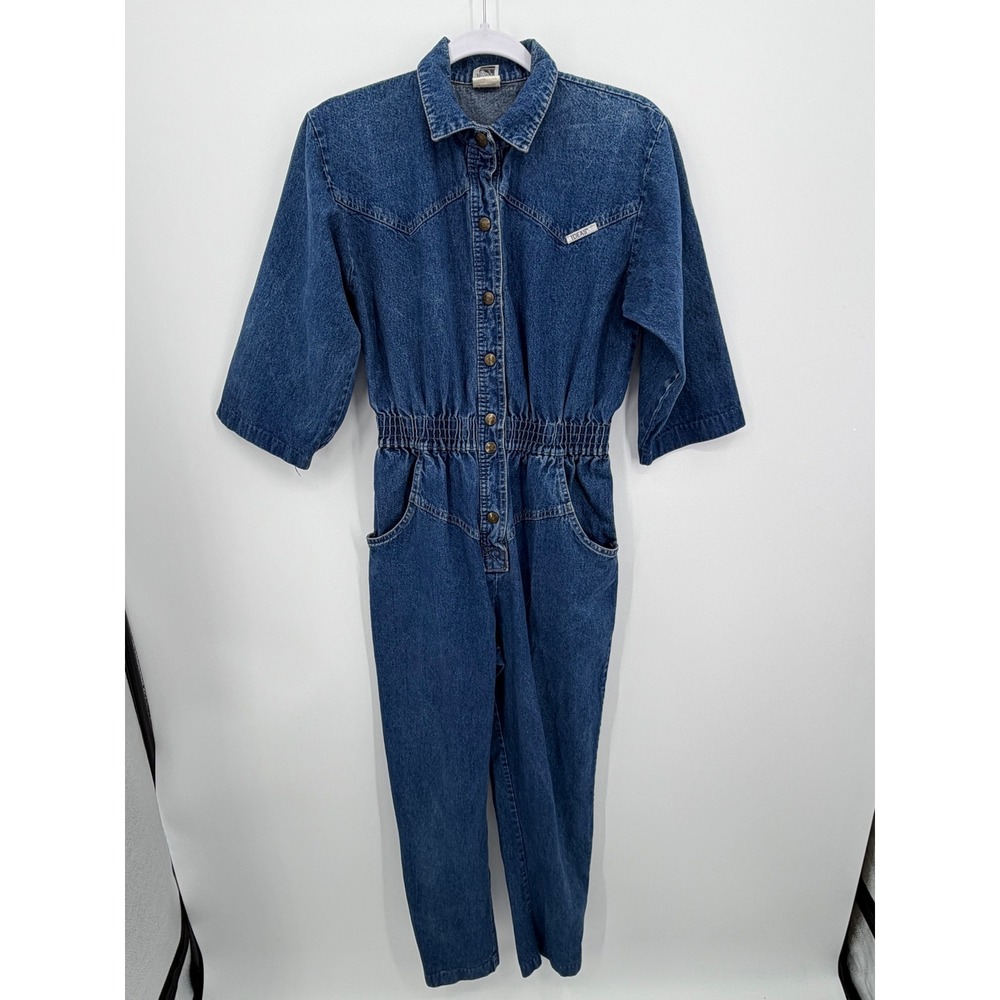 Ideas Vintage Denim Jumpsuit Women Medium Elastic‎ Waist Snap Front 3/4 Sleeve